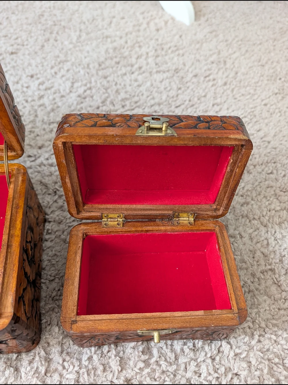 3 Vintage Hand Carved Brown Chinese Bird Camphor Wooden Floral Trinket Boxes